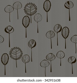 Floral seamless pattern with trees. Cartoon vector background. Monochrome illustration.