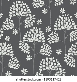 Floral seamless pattern with trees.  Monochrome vector illustration. Sketch.