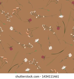 Floral seamless pattern. Trendy blossom colorful vector texture. Blooming botanical motifs scattered random. Fashion, ditsy print. Hand drawn different color wild meadow flowers on brown background