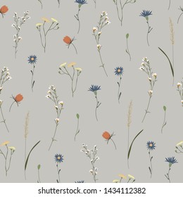 Floral seamless pattern. Trendy blossom colorful vector texture. Blooming botanical motifs scattered random. Fashion, ditsy print. Hand drawn different color wild meadow flowers on grey background