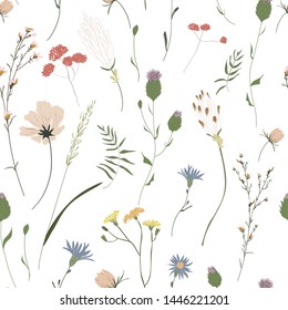 Floral seamless pattern. Trendy blossom colorful vector texture. Blooming botanical motifs scattered random. Fashion, ditsy print. Hand drawn different color wild meadow flowers on white background