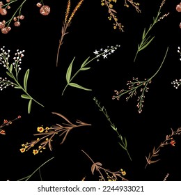Floral seamless pattern. Trendy blossom colorful vector texture. Blooming botanical motifs scattered random. Fashion, ditsy print. Hand drawn different color wild meadow flowers on black background