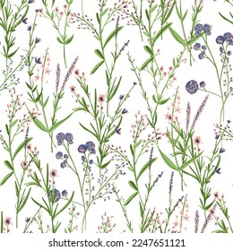 Floral seamless pattern. Trendy blossom colorful vector texture. Blooming botanical motifs scattered random. Fashion, ditsy print. Hand drawn different color wild meadow flowers on white background