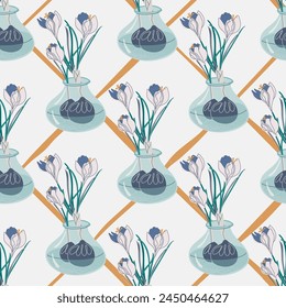 Nahtloses Blumenmuster. Trendiger botanischer Hintergrund mit Krokussen auf Rhombus-Kulisse. Blumenarrangement im Frühling. Retro-Druck. Handgezeichnete Vektorillustration.