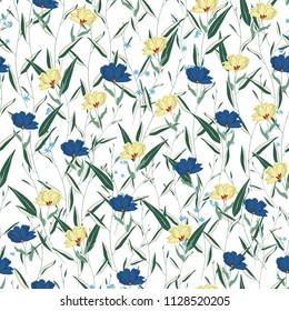 Floral seamless pattern. Trendy color vector texture. Good for fashion print, fabric, wallpaper or your design. Hand drawing blue, yellow flowers and green branches with leaves on white background