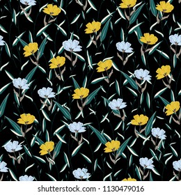 Floral seamless pattern. Trendy dark vector texture. Good for fashion print, fabric, wallpaper or your design. Hand drawing blue, yellow flowers, green pastel branches with leaves on black background