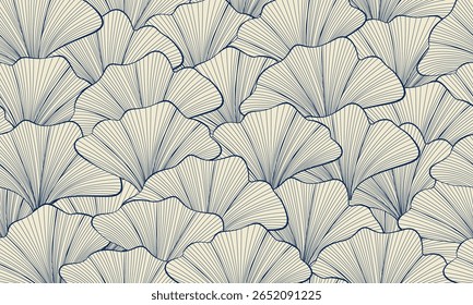 Floral Seamless Pattern in Trendy Linear Style. Gingko Leaf Minimalist Background. Seamless Pattern with Leaves. Ginkgo Biloba Line Art Pattern for Surface Design, Fabric, Invitation, Textile. Not AI