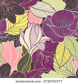 Floral Seamless Pattern in Trendy Linear Style. Floral Minimalist Background. Seamless Pattern with Flowers. Flowers Line Art Pattern for Surface Design, Fabric, Decor, Invitation, Textile. Not AI