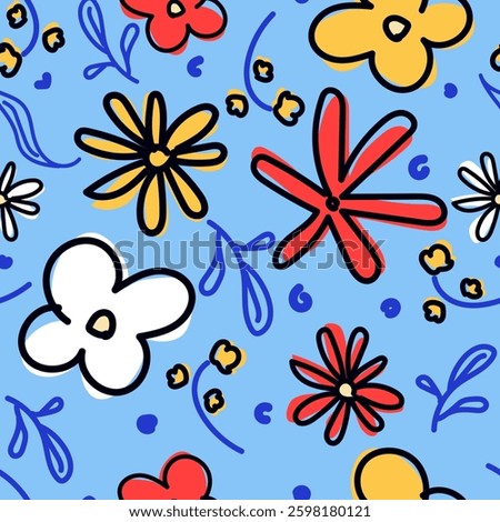 Floral seamless pattern, trendy simple nature doodle vector on blue background with hand drawn flowers for wallpaper, textile, packaging, print and decoration. 
