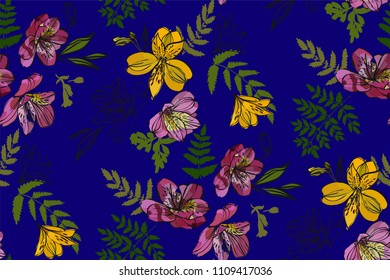 Floral seamless pattern with tropical flowers and leaves. Botanical illustration  hand drawn. Textile print, fabric swatch, wrapping paper.
