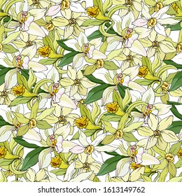 Floral seamless pattern of tropical flowers. Vector realistic illustration for fabric, paper and tile decoration.