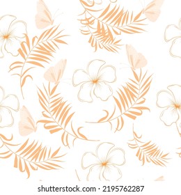 Floral seamless pattern. Tropical  flowers. Plumeria. Vector stock illustration. Golden palm leaves.