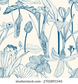 Floral seamless pattern. Tropical flowers background. Flourish tiled ornamental texture with flowers. Floral garden.