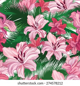 Floral seamless pattern. Tropical fowers. Jungle style background.