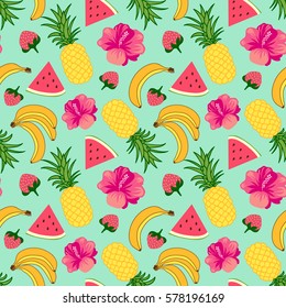 Floral seamless pattern with tropical fruits design, banana, watermelon, pineapple, strawberry and tropic flowers
