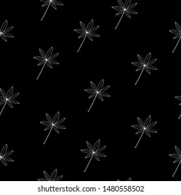 Floral seamless pattern. Tropical leaf on black background. White outline style vector design for textile, fabrics, wallpaper, packaging, decoration, etc. 