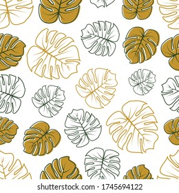 Patrón floral sin costuras con palma de hojas tropicales. Patrón sin foco de hojas monstera. fondo floral vectorial de patrón fluido de verano.