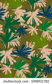 	
Floral seamless pattern with tropical leaves. Botanical illustration on green background, hand painted. Textile print, fabric swatch, wrapping paper. Vector.