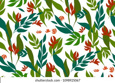 	
Floral seamless pattern with tropical leaves. Vector Botanical illustration on white background, hand painted. Textile print, fabric swatch, wrapping paper.