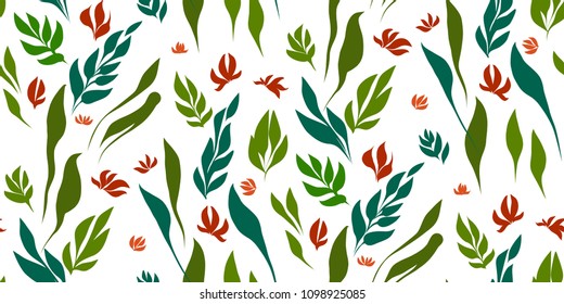 	
Patrón floral sin fisuras con hojas tropicales. Ilustración botánica sobre fondo blanco, pintado a mano, vector. Impresión textil, muestra de tela, papel envolvente.