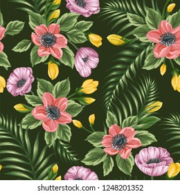 Floral seamless pattern with tropical leaves, anemones and poppies. Square shape. Beige background
