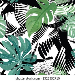 Floral seamless pattern. Tropical leaves over abstract painting art background. Flourish wallpaper with leaf.