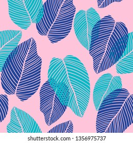 Floral seamless pattern of tropical leaves in flat style. Colorful leaf endless background for textile print, fabrics, wrapping paper, season design, card, decoration, invitation. Bright colors.