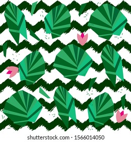 Floral seamless pattern with tropical leaves and lotus flowers on trendy zigzag background. Vector drawing for textile design, covers, design backgrounds, dishes.