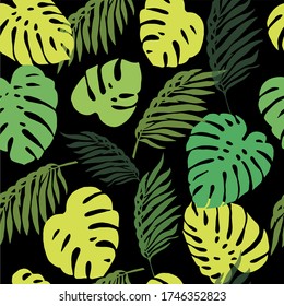 Floral seamless pattern with tropical leaves on black background. Exotic plants illustration in hand drawn style design. Vector template.