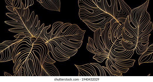 Floral seamless pattern with tropical leaves. Nature lush background. Flourish garden texture with line art leaves