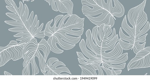 Floral seamless pattern with tropical leaves. Nature lush background. Flourish garden texture with line art palm leaves