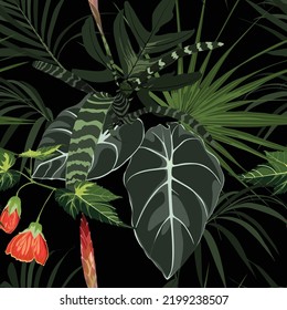 Floral seamless pattern, tropical  leaves, plant and flowers on black background.