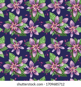 Floral seamless pattern, tropical lily. Textile texture with flowers. Exotic Garden background. Vector illustration.