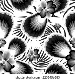 Floral seamless pattern with tropical palm leaves and plants foliage on white background. Hand drawn large flower buds. Flower silhouettes. Flowers background. fashionable prints. autumn background