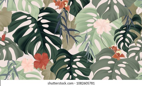 Floral seamless pattern, tropical plants, split-leaf Philodendron plant, hibiscus flowers, Weeping Willow leaves and Bougainvillea flowers on light pink background, pastel vintage theme