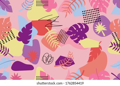 Floral seamless pattern, tropical plants. Retro colorful Tropical flowers anfd exotic plants on the camouflage background. Vector seamless pattern illustration.