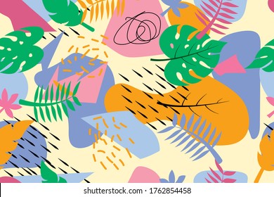 Floral seamless pattern, tropical plants. Retro colorful Tropical flowers anfd exotic plants on the camouflage background. Vector seamless pattern illustration.