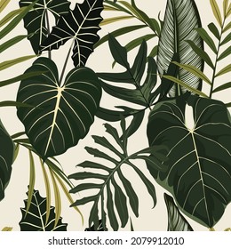 Floral seamless pattern, tropical  plants and leaves, exotic fan palm on beige background.
