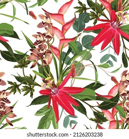 Floral Seamless Pattern with tropical red flowers and eucalyptus leaves. Blooming Flowers on white Background.	