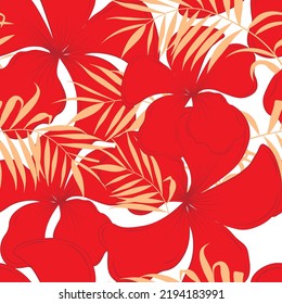 Floral seamless pattern. Tropical red flowers. Plumeria. Vector stock illustration. Golden palm leaves.