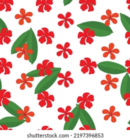 Patrón floral sin fisuras. Flores rojas tropicales. Plumeria. Ilustración de material vectorial. Hojas doradas de palma.