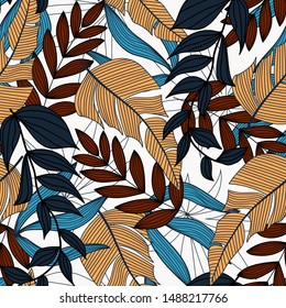 Floral seamless pattern. Tropical style with plants and leaves on white background.Vector design. Modern design, printing, textiles.  Summer concept with tropical leaves and plants.