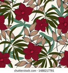 Floral seamless pattern. Tropical style with plants and leaves on white background.Vector design. Modern design, printing, fabric, textile. Botanical pattern. Exotic Wallpaper, palm leaves.