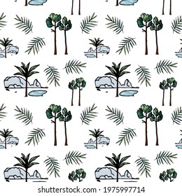 
Floral seamless pattern - tropical trees and leaves. Vector illustration in hand drawn style