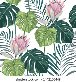 Floral seamless pattern. Tropical vintage print with protea and palm leaves. Vector illustration. Watercolor style