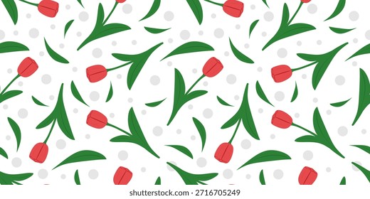 Patrón floral sin fisuras, textura sin fin de tulipán. Planta floral del jardín de la primavera, brote magnífico, hojas y pétalos suaves delicados. diseño para la ropa de los niños, fondo, cubierta, tela, materia textil, Fondo de pantalla. Ilustración vectorial plana de color sobre fondo blanco