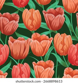 Blumennahtloses Muster mit Tulpenblumen tropischer Hintergrund	
