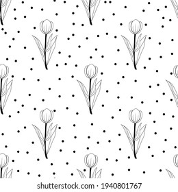 Tulipán de patrón sin costuras florales y punto de polka. Flores frescas de primavera para envolver y raspar papel. Plantas dibujadas a mano con un contorno negro de garabatos. Ilustración vectorial en fondo blanco.