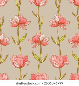 Floral seamless pattern with tulips. Beautiful elegant flowers with leaves. Spring or summer vintage wallpaper, template for fashion design. Botanical print on beige background, vector illustration