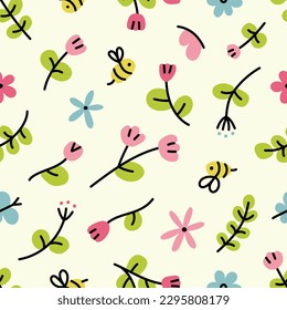 Floral seamless pattern. Tulips, bees and butterflies. Vector illustration.